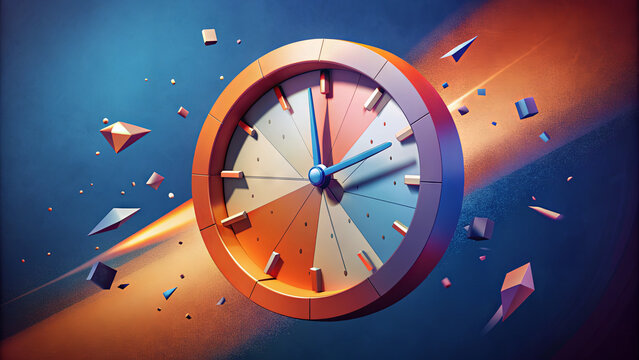 A clock spins amidst exploding geometric shapes, creating a vibrant display of color and motion, symbolizing the passage of time and creativity