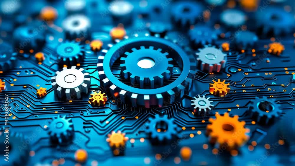 Poster innovative software update and system installation illustrated by gears on circuit board for quality