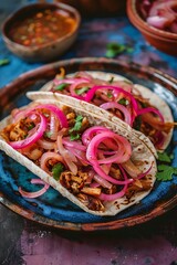 Close-up of Two Tacos Topped with Pickled Onions and Cilantro.