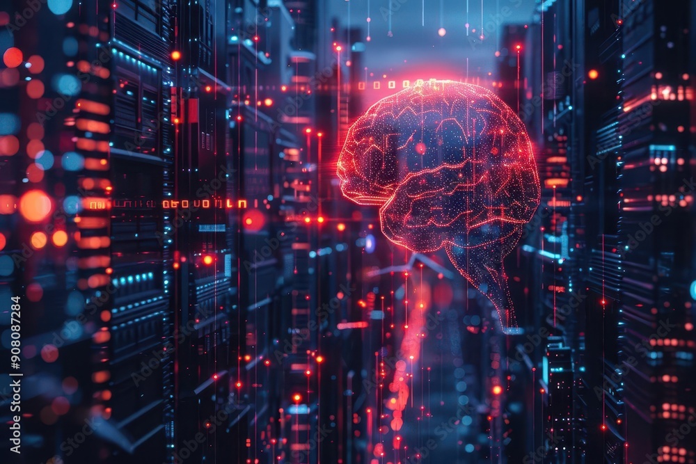 Poster artificial intelligence and neural network holograms on a business center background are revolutioni
