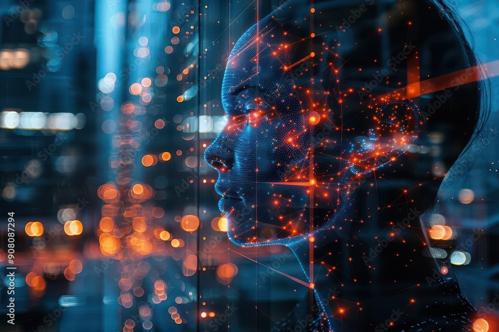 Poster artificial intelligence and neural network holograms on a business center background