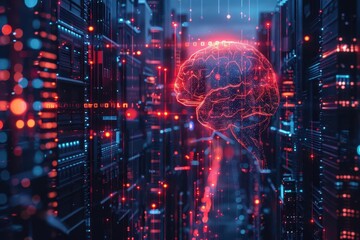 Fototapeta premium Artificial intelligence and neural network holograms on a business center background are revolutionizing the way companies operate.