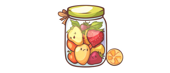 Jar of assorted fruit with a green lid.