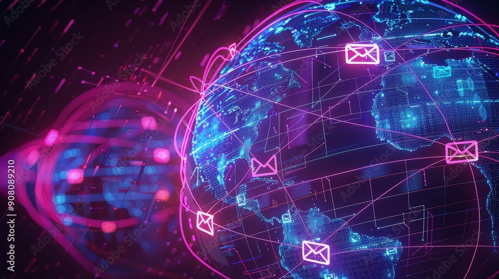 Poster a neon pink and blue globe with digital lines connecting various countries, each line ending in an e