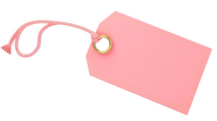 Pink blank tag with gold ring and string, isolated on white.