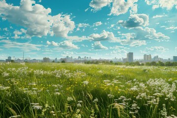 Fototapeta premium A vibrant field with a city skyline visible in the background