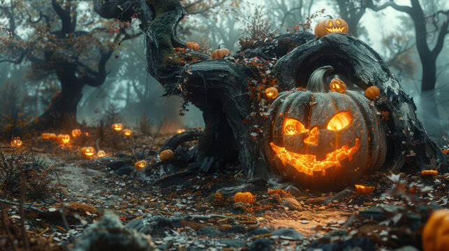 Creepy pumpkin patch with carved jack-o'-lanterns and twisted trees under a foggy, moonlit sky creating a haunted Halloween atmosphere

