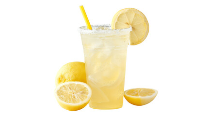 Refreshing lemonade in a plastic cup with a straw, garnished with lemon slices and whole lemons.