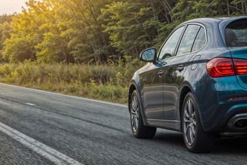 Fototapeta premium Blue sedan car is driving down a road with trees in the background. Rear view