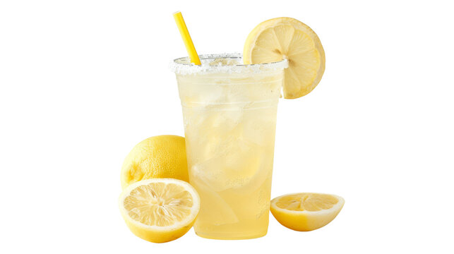 Refreshing lemonade in a plastic cup with a straw, garnished with lemon slices and whole lemons.