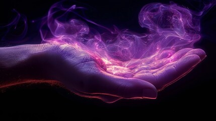 Ethereal purple glow in a fantasy hand illuminating magical energy