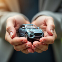 Fototapeta premium photo of close up two hand holding with mini wooden car toy, generative AI