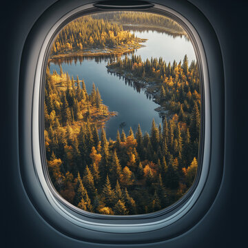 Fototapeta A beautiful view of a serene lake seen through an airplane window