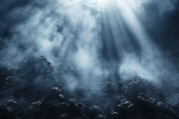 Fototapeta premium Dark rocky cliff with stairs and fog