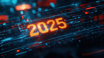 Orange numbers 2025 glowing galagram on digital paternoster. dark with blue neon light. the year of new technology. 