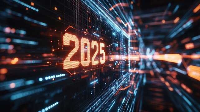 Holographic wall displaying the numbers "2025," showcasing future technology with a sleek, futuristic style. 