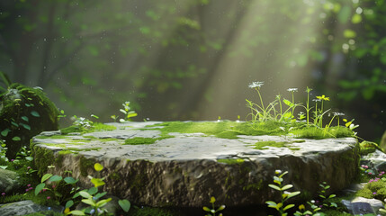 Fototapeta premium Green mossy round stone podium in the morning sunshine. For displaying natural beauty products.