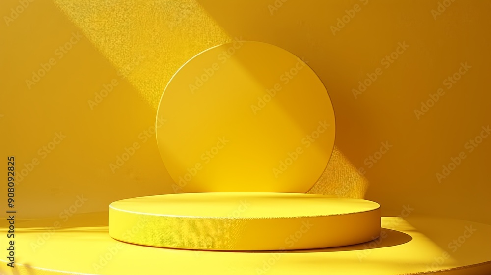 Poster yellow round podium platform in studio setting with soft lighting