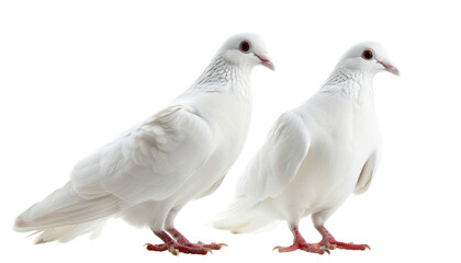 Obraz premium Two white doves standing side by side on a white background. The doves are facing the camera and have their wings folded.