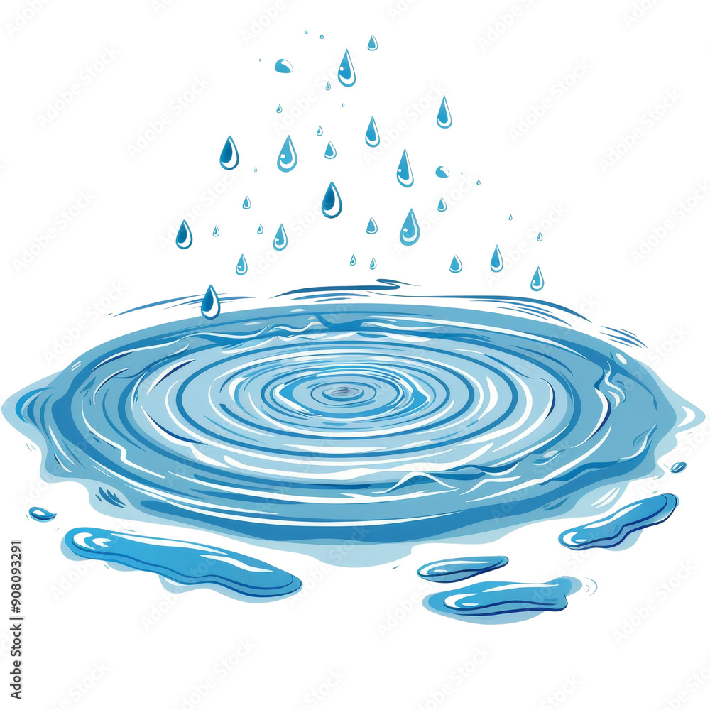 Poster Water droplets falling into a puddle, creating ripples and splashes.