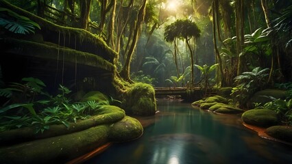 Moss-covered rocks in tranquil jungle, Sun rays piercing into forest creek, Nature background.