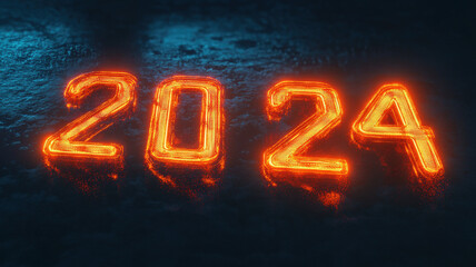 Glowing numbers "2024" on a dark, textured earth, symbolizing the year of new technology, with a futuristic, high-tech ambiance.