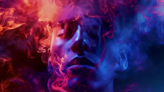 Horizontal video of artistic portrait of face enveloped in swirling red and blue smoke, creating dramatic and surreal visual effect. inner emotion, mystery, blending of contrasting energies