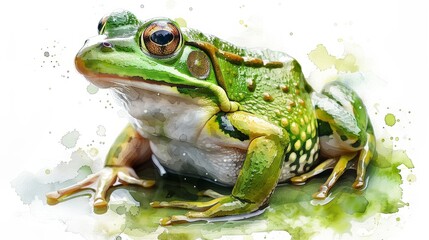 Fototapeta premium Green frog watercolor illustration featuring detailed skin textures and natural habitat