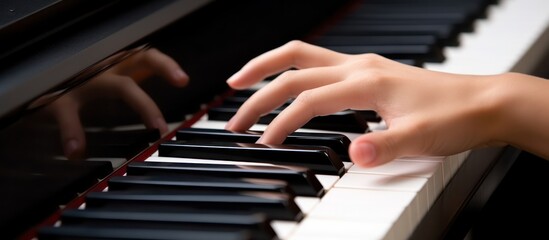 Obraz premium Close Up of Hand Playing Piano Keys