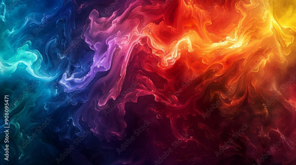 Poster colorful abstract ink water blends creating a rainbow effect in swirling patterns