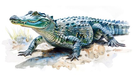 Naklejka premium Expressive watercolor rendering of a crocodile on the riverbank