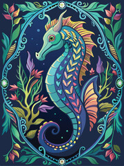 Colorful Sea Horse with Floral Frame and a Dark Background