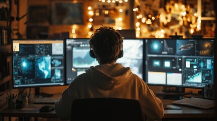 Man working on computer with multiple monitors