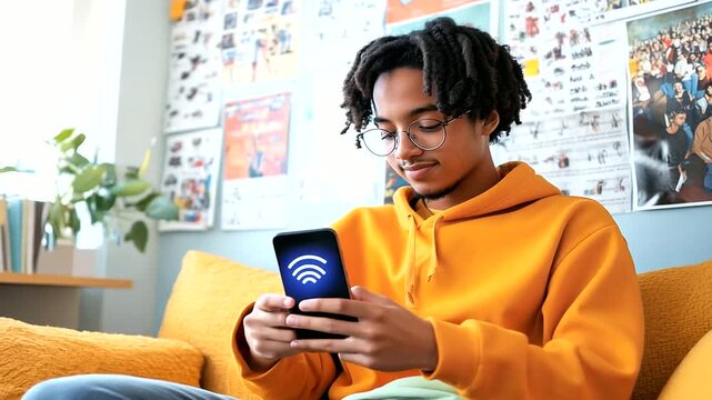 College student on dorm couch using smartphone AI assistant for language practice.