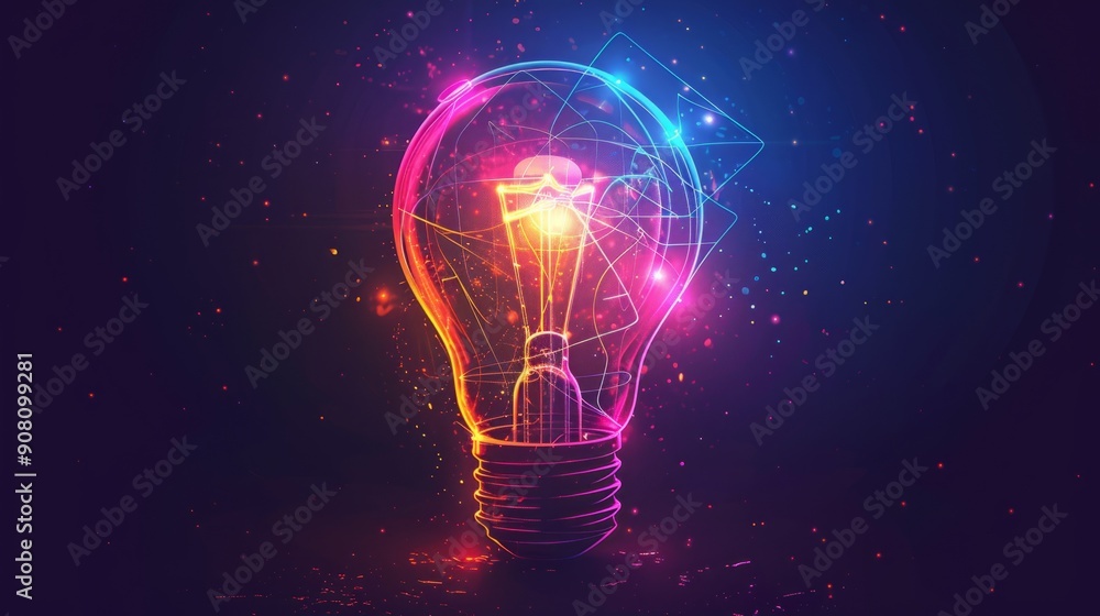 Poster continuous line art of light bulb illuminating in colorful digital design