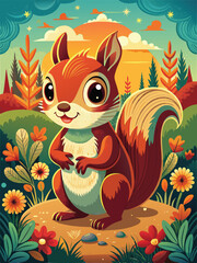 Fototapeta premium A Cheerful Squirrel Amidst Vibrant Flora and a Sunset Sky