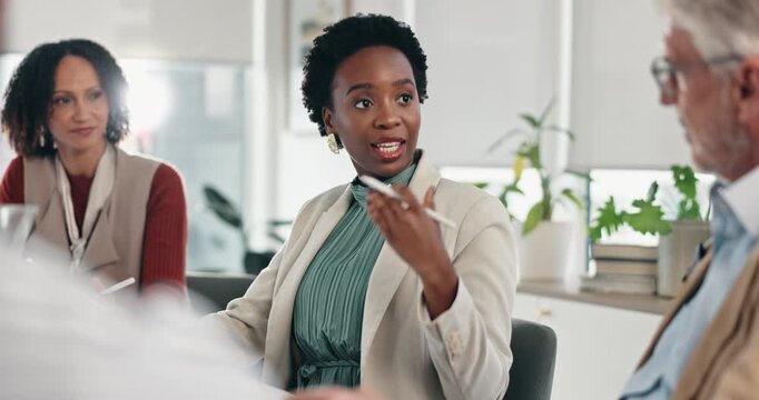 Business people, meeting and tablet with discussion in office for financial review, annual budgeting and strategy. Auditing speaker, collaboration or contract negotiation with data analysis and ideas