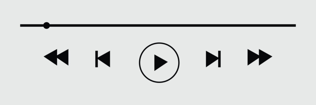 Audio player for songs or podcast playlist. Play or pause button. Music or video play bar icon on grey background. Vector illustration. Eps file 41.