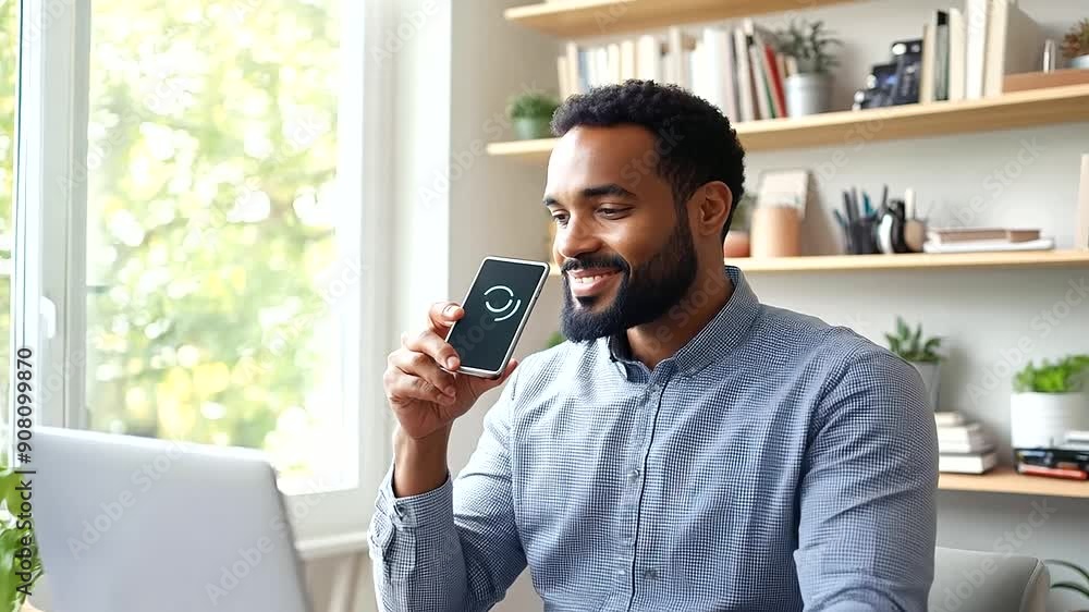 Poster a man at his office desk using a smartphone to interact with an ai assistant while working on his la