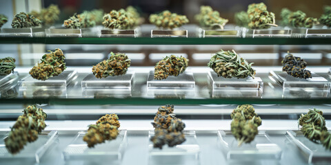 Cannabis bud from a display of various different strains in a dispensary showcase
