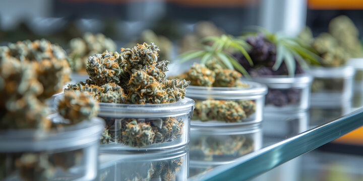 Cannabis bud from a display of various different strains in a dispensary showcase