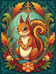 A Cute Cartoon Squirrel with a Fluffy Tail Surrounded by Autumnal Floral Decorations