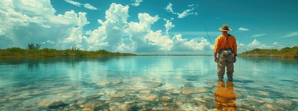 salt water fly fishing for bonefish in the bahamas, clouds in background not too dark, realistic.
