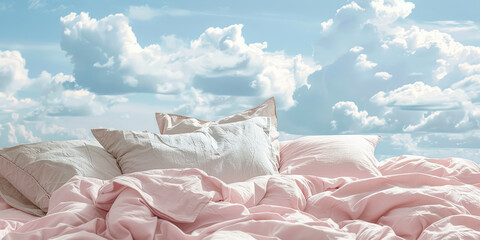 Comfortable bed with lush pillows against a backdrop of sky and clouds. Creative background for bedding store
