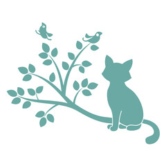 Silhouette Cat Sitting on a Branch Vector Illustration.