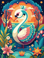 Fototapeta premium Colorful Swan in a Lush Garden Landscape