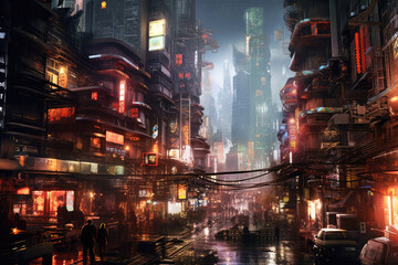 generated illustration of cyberpunk streets illustration futuristic city dystoptic artwork