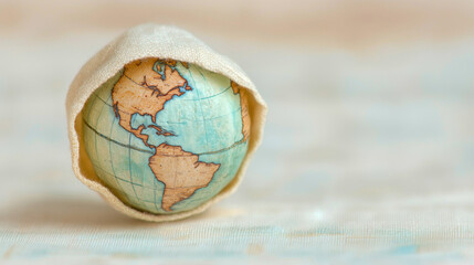 A small globe wrapped in a soft fabric, symbolizing care for the planet and global awareness in a cozy setting.