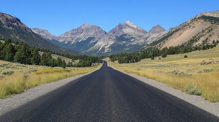 Fototapeta premium Black asphalt road leading into the mountains during summer, showcasing a scenic route.