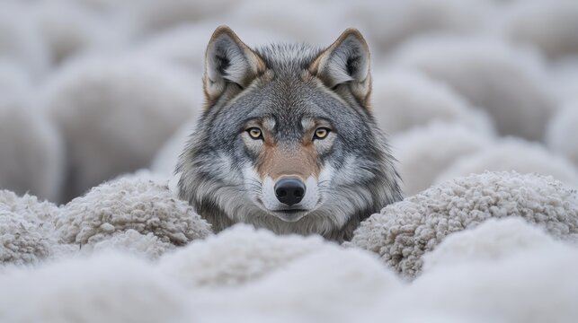 Wolf blending in with a flock of sheep, symbolizing deception and disguise in a seemingly safe environment.